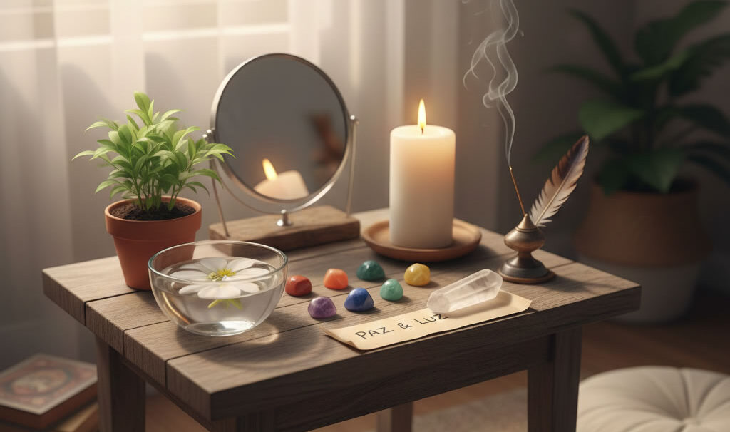 Altar espiritual en casa con cristales para chakras y velas de colores