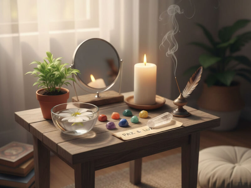 Altar espiritual en casa con cristales para chakras y velas de colores