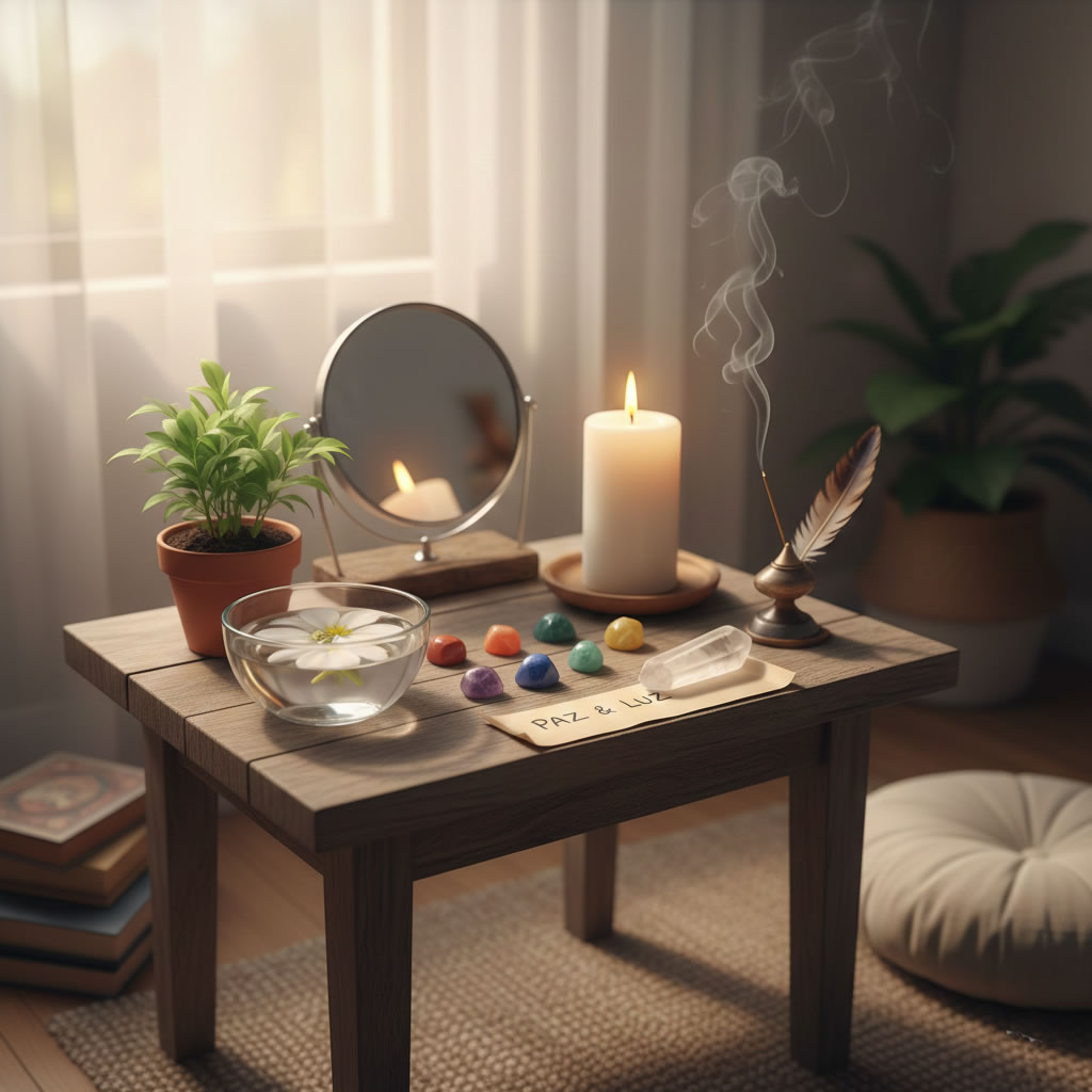Altar espiritual en casa con cristales para chakras y velas de colores